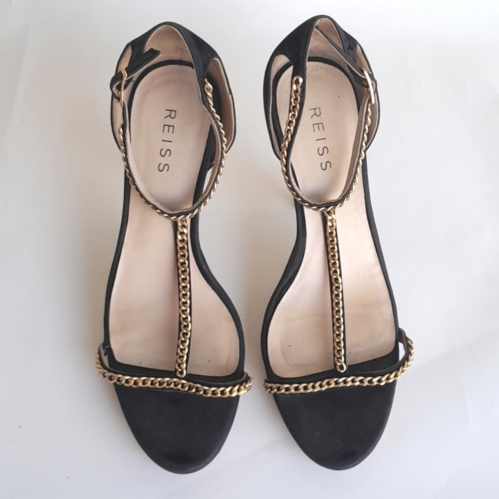 Reiss Chain Strap Heels Black Gold Size 10 - Picture 2 of 12